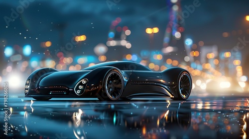 A black futuristic sports car is sitting on a wet city street with a blurred cityscape in the background.