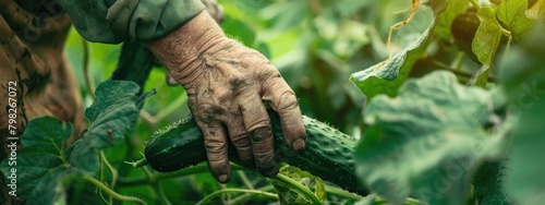 a farmer collects cucumbers on the plot. selective focus photo