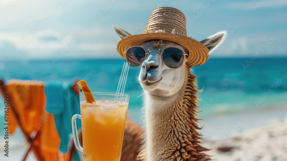 Fototapeta premium llama with a cocktail on the beach. selective focus