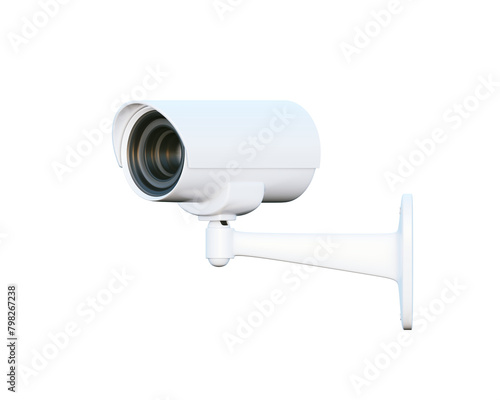White CCTV security camera, side view, isolated on white, 3d rendering