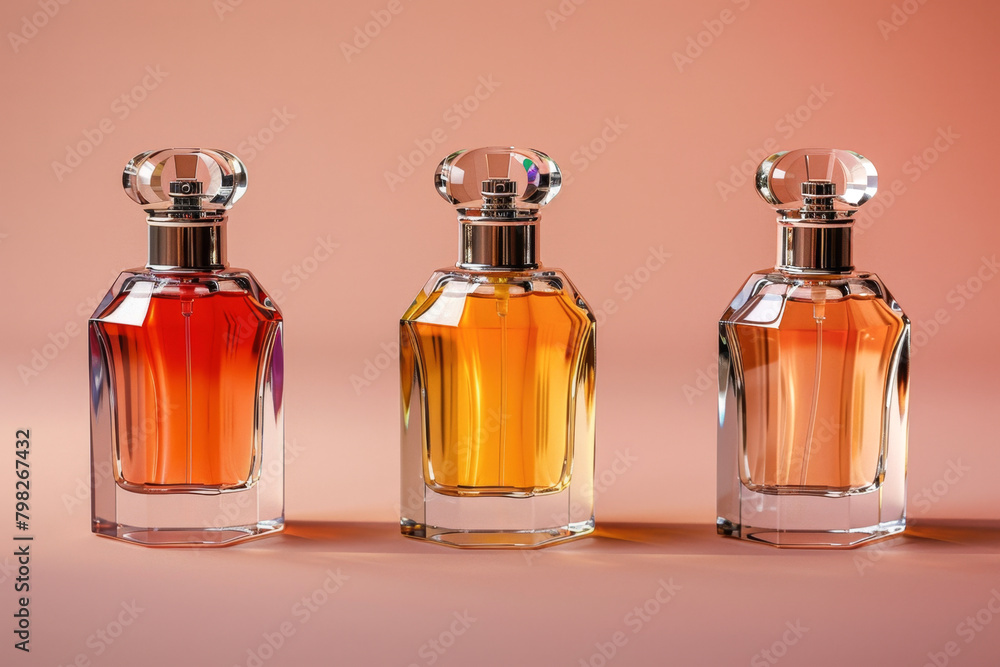 Glass perfume bottles in varying shades of orange against a soft pink background, arranged in a line with light reflections on their surfaces