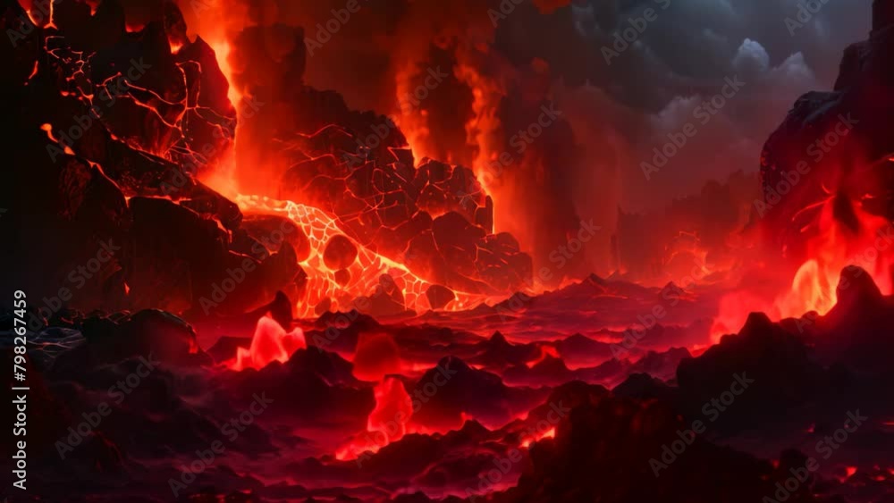 3D illustration of a volcano eruption with lava and lava in the ocean, Lava entering the ocean with many small flows 3D illustration of a volcano eruption with lava and lava in the ocean, Lava entering the ocean with many small flows
