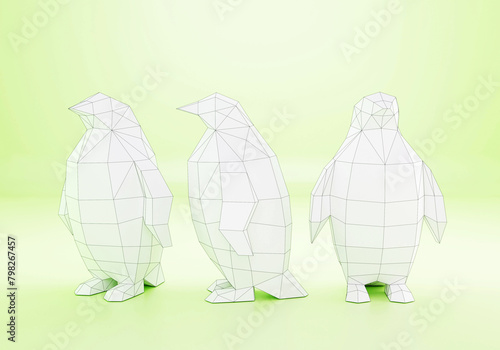 low poly polygonal penguins, 3d rendered