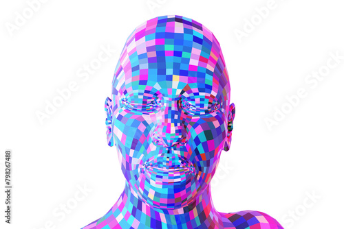 Artificial intelligence and virtual reality concept 3D South African human head made of squares in holographic bright colors isolated on white, 3d rendered