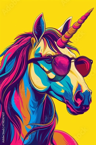 A pop-art unicorn with a hipster flair, glasses, and vibrant mane exudes quirky charm