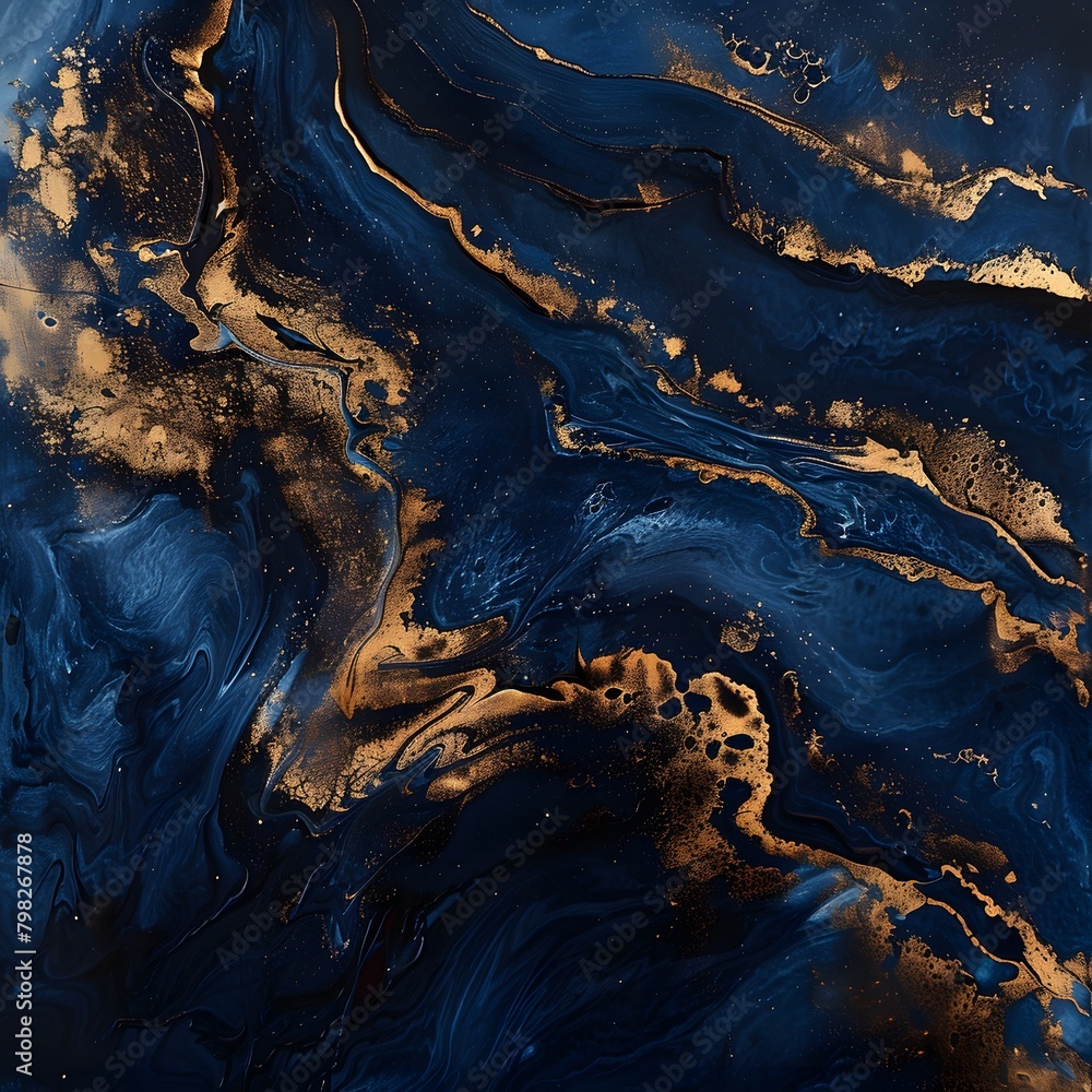Against a backdrop of midnight blue velvet, the dark gold elements of the luxurious abstract design gleam like molten liquid, their radiant warmth casting a spellbinding aura of luxury and refinement