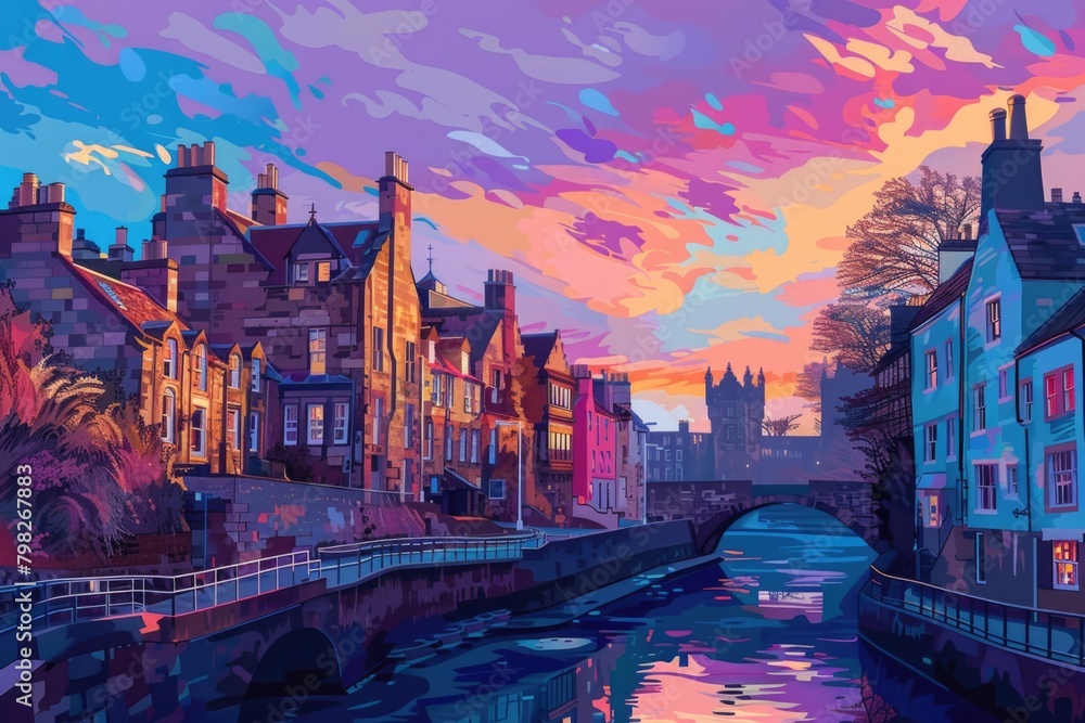 Fototapeta premium A beautiful painting of a river flowing through a city. Perfect for urban landscapes
