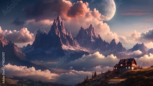 Fantasy landscape with mountain and house at night. 3D rendering, Mountains in fog with a beautiful house and church at night in autumn, Landscape with high rocks, a blue sky