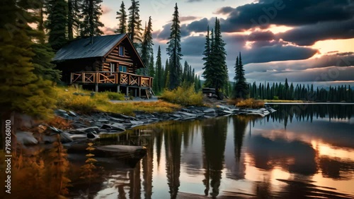 Wooden house on the shore of lake in the Rocky Mountains of Canada, On the banks of Wall Lake a rear view photo