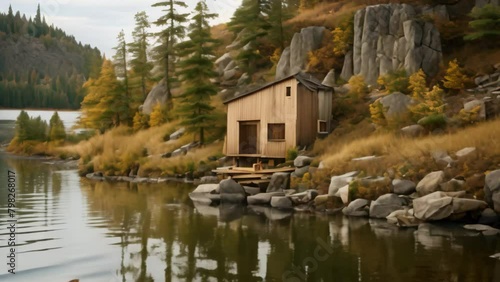 Old wooden house on the banks of a mountain lake in autumn , On the banks of Wall Lake a rear view photo