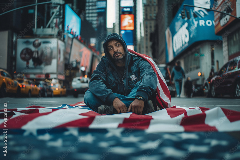 A man sits on a red, white and blue American flag. Poverty in the USA A man sits on a red, white and blue American flag. Poverty in the USA