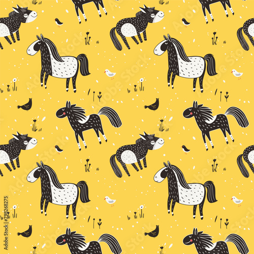 Black and white cartoon horses on a yellow background, seamless vector pattern