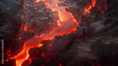 Witness the awe-inspiring natural phenomenon as molten lava gracefully cascades down the rugged mountainside., River of pahoehoe lava descending down a cliff photo
