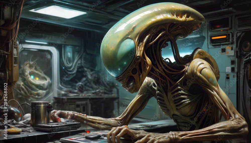 An ugly humanoid or alien in a room with a gloomy atmosphere. Science fiction in yellow-green-turquoise colors