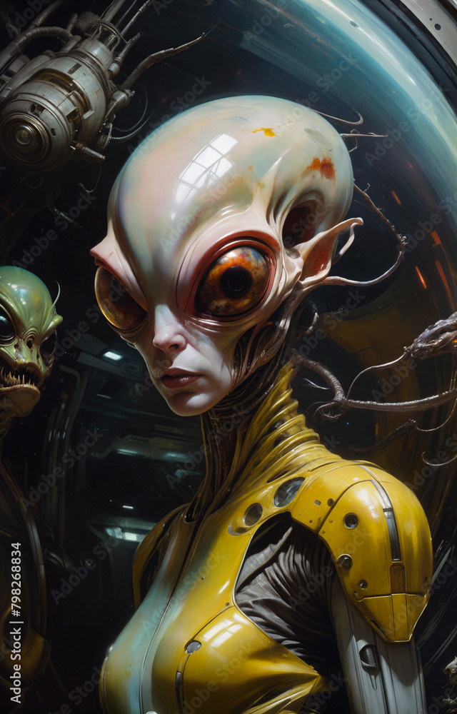 A female humanoid or alien in a room with a gloomy atmosphere. Science fiction in yellow-green-turquoise colors