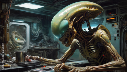 An ugly humanoid or alien in a room with a gloomy atmosphere. Science fiction in yellow-green-turquoise colors © Sergiy