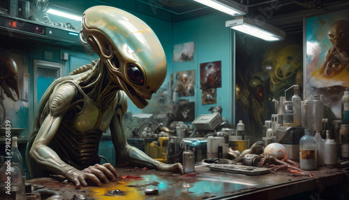 An ugly humanoid or alien in a room with a gloomy atmosphere. Science fiction in yellow-green-turquoise colors photo