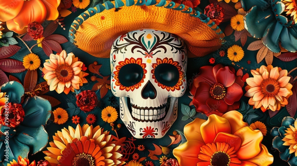 A sugar skull wearing a sombrero surrounded by vibrant flowers. Perfect for Day of the Dead celebrations