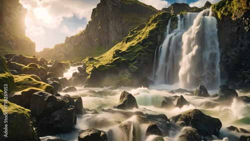 Majestic Waterfall Surges Through Rivers Heart, The perfect view of the famous powerful Gljufrabui cascade in sunlight, A dramatic and gorgeous scene, A unique place on earth photo