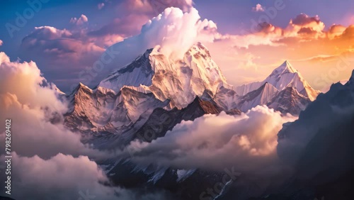 A mountain peak covered in thick clouds under a stormy and overcast sky, Twilight sky over Mount Everest, Nuptse, Lhotse, and Makalu in the Nepal Himalaya photo