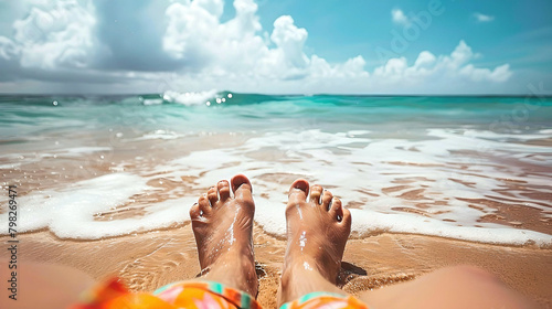 A vacationer's point of view of sandy feet on a tropical beach, relaxing by the ocean waves.
 photo