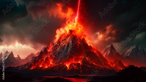 A breathtaking Video showcasing a towering mountain spewing copious amounts of molten lava, creating a dramatic scene, Volcanic Mountain In Eruption - 3D rendering photo