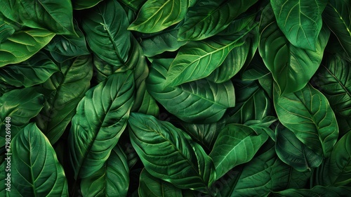 close-up nature view of tropical green leaves and palms background. Flat lay, dark nature concept © jongaNU