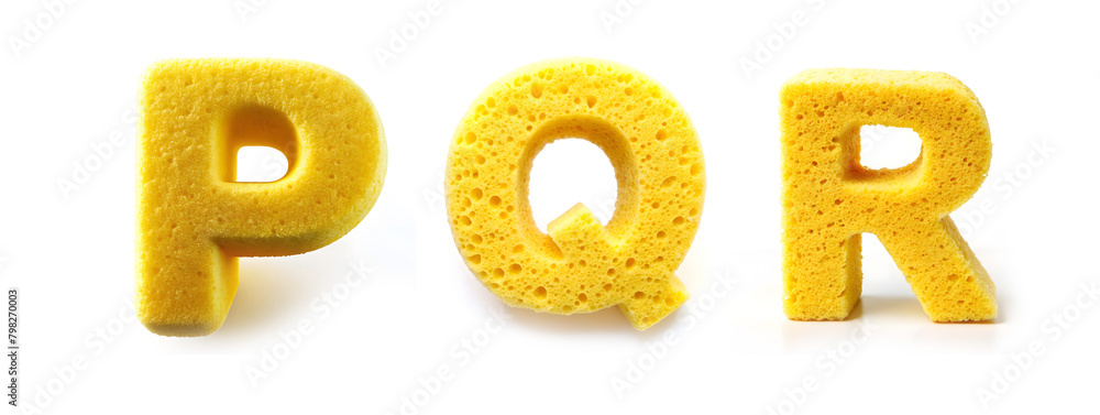 Letters P, Q, R. Alphabet Made of Yellow Cleaning Sponge on White Background Letters P, Q, R. Alphabet Made of Yellow Cleaning Sponge on White Background