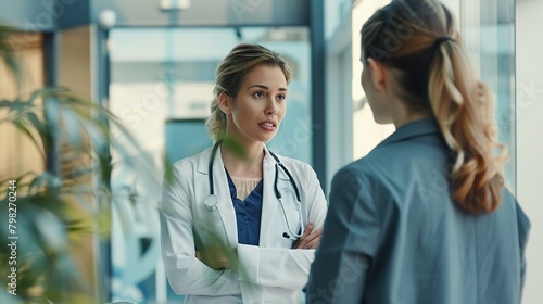 Doctor in Discussion of New Treatment Options in Modern Medical Building. Hospital director consulting with healthcare staff.