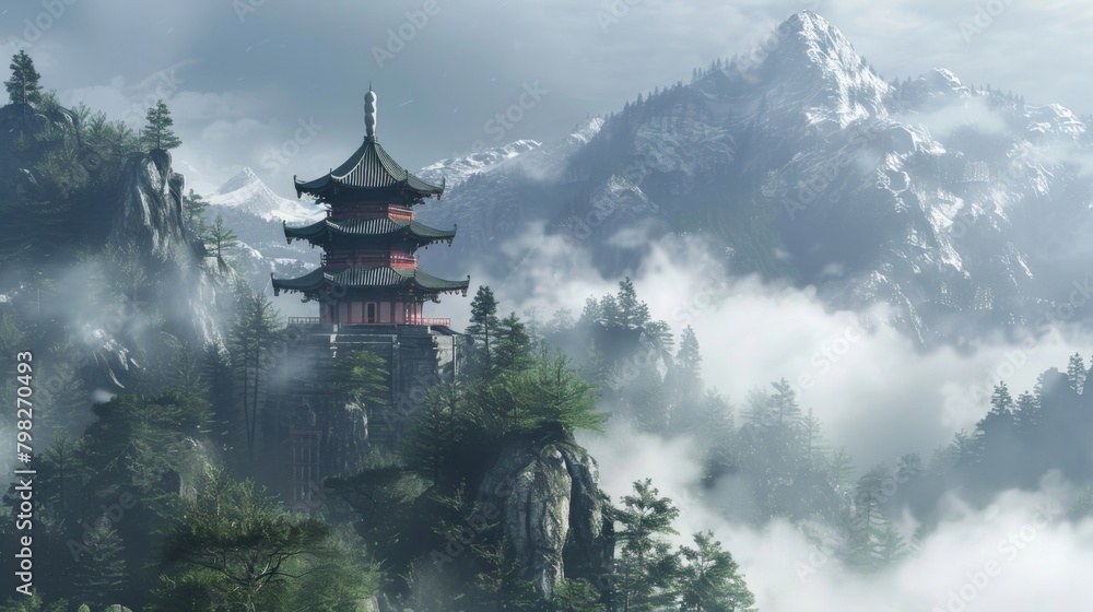 Naklejka premium Deep in the mountains sits the Temple of the Void its tiered spires reaching high into the clouds. Upon entering one is enveloped . .