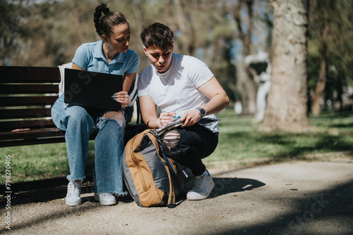 Two college friends collaborate on homework, exchanging knowledge and enjoying nature outdoors.