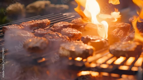 Grilled steaks on barbecue grill with flames and smoke background, Close-up of barbecues cooking grilling on charcoal photo