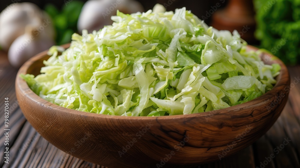 Shredded iceberg lettuce in a wooden bowl. Shredded iceberg lettuce in a wooden bowl.