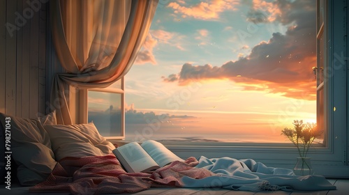 Against a backdrop of serene pastel skies, a cozy reading nook beckons with plush pillows and a soft throw blanket, the perfect setting to lose oneself in the pages of a beloved book