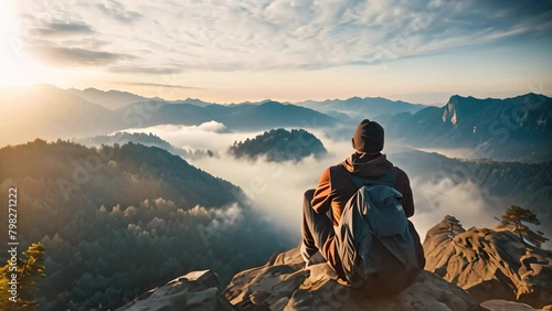 Man hiker sit on edge of cliff and watch over misty valley to Sun, Man sitting on a cliff edge alone enjoying the aerial view of backpacking lifestyle travel adventure outdoor