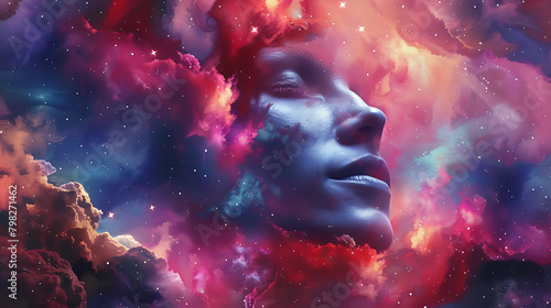 This captivating artwork seamlessly blends a human face with vibrant, nebulous cloud formations