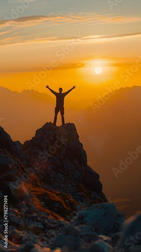 Man Reaches Summit: A Victorious Sunset Adventure