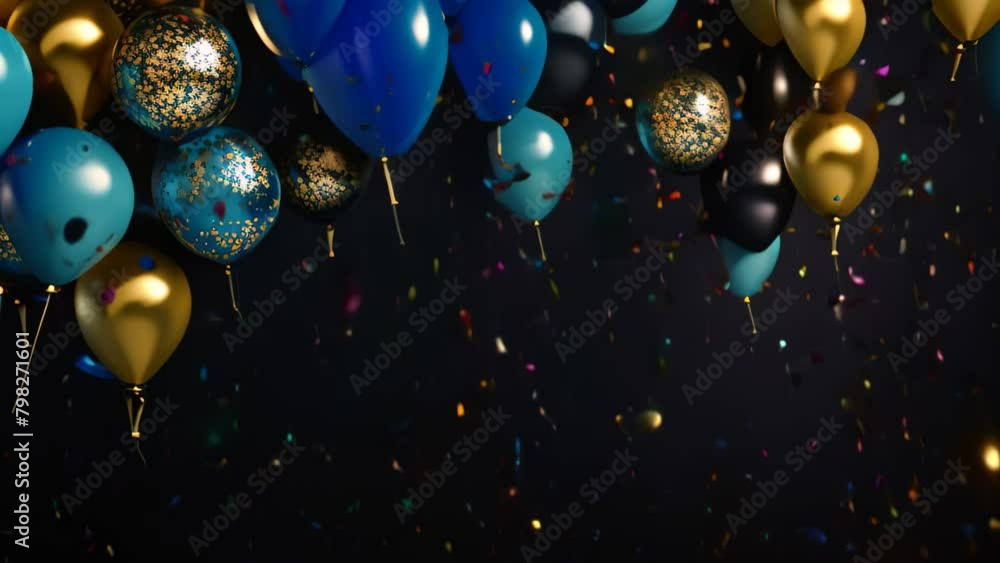 3d rendering of bunch of golden and blue balloons on black background ...