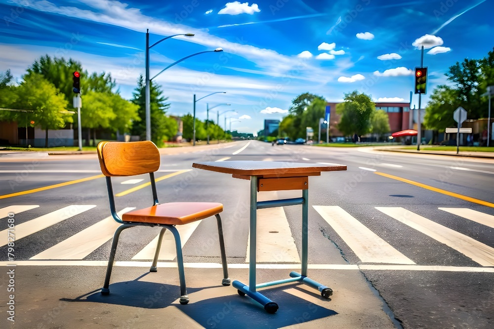 Fototapeta premium School Chair in the Middle of the Street: Conceptual Idea of Traffic Education
