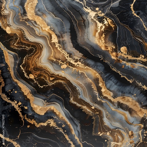 Against a backdrop of sleek, polished marble, the dark gold accents of the luxurious abstract design dance with an ethereal glow, their subtle shimmering adding