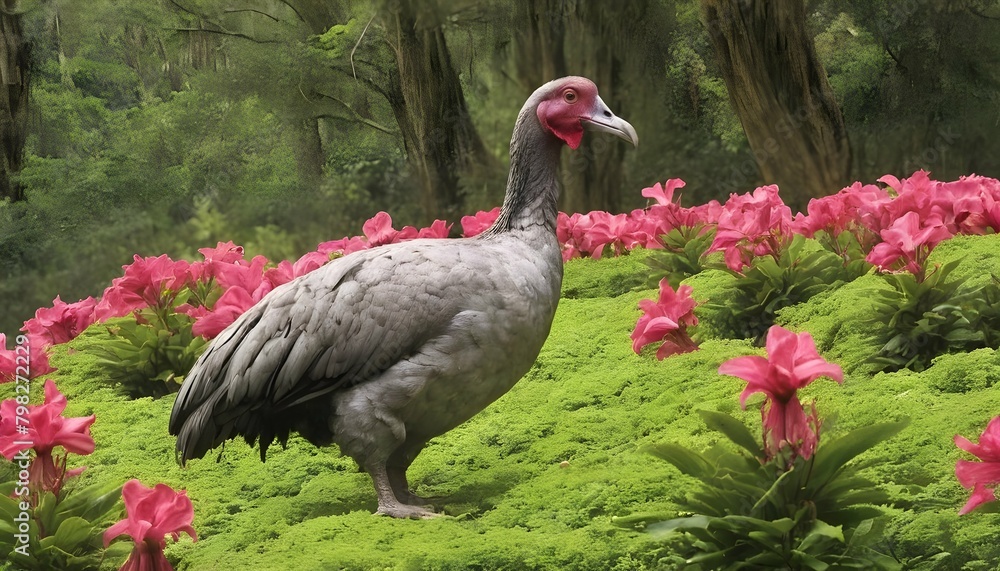 Naklejka premium A Dodo Bird In A Meadow Of Giant Azaleas