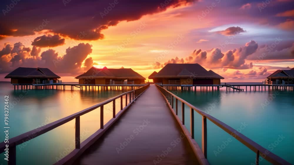 Wooden jetty at sunset in tropical Maldives island with water bungalows, An amazing sunset landscape, Picturesque summer sunset in the Maldives, Luxury resort villas seascape Wooden jetty at sunset in tropical Maldives island with water bungalows, An amazing sunset landscape, Picturesque summer sunset in the Maldives, Luxury resort villas seascape