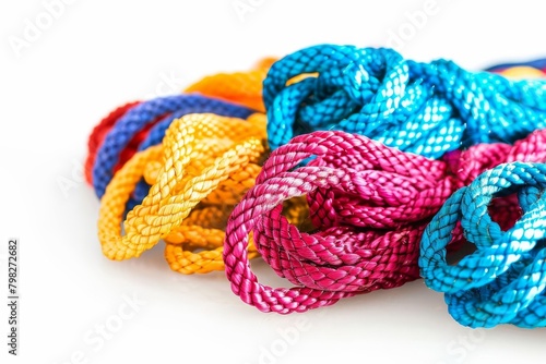 assorted nylon ropes in vibrant colors isolated on white product photography