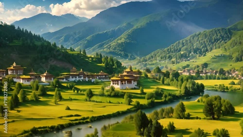 Mountain landscape with rice field and monastery in Dharamsala, India, Bhutan, Tashichho Dzong in Thimphu, Surrounded by yellow rice fields, a river, and mountains photo