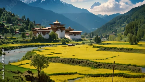 Buddhist Monastery in Yunnan, China. Yunnan is a UNESCO World Heritage Site, Bhutan, Tashichho Dzong in Thimphu, Surrounded by yellow rice fields, a river, and mountains photo