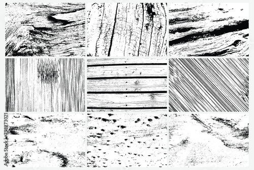 Abstract tree wood surface texture background set. Nature wooden texture collection. Black and white. Vector background design. Forest finds collection, natural tree flat set.