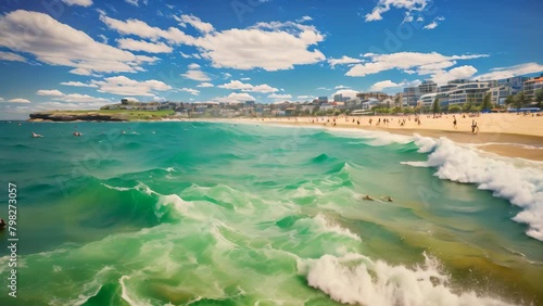 View of Bondi beach, Sydney, Australia. Bondi beach is one of the most popular beaches in Sydney, Bondi Beach in Sydney, New South Wales, Australia photo