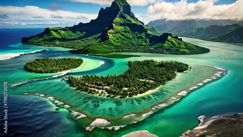Aerial view of island with a small island in the ocean, Bora Bora aerial view, Tahiti, French Polynesia photo