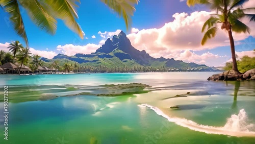Tropical island with water bungalows and palm trees underwater, Bora Bora landscape photo