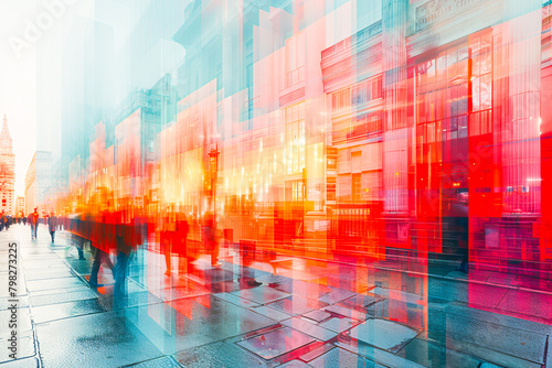 Abstract colorful blur of movement in a bustling cityscape with geometric shapes